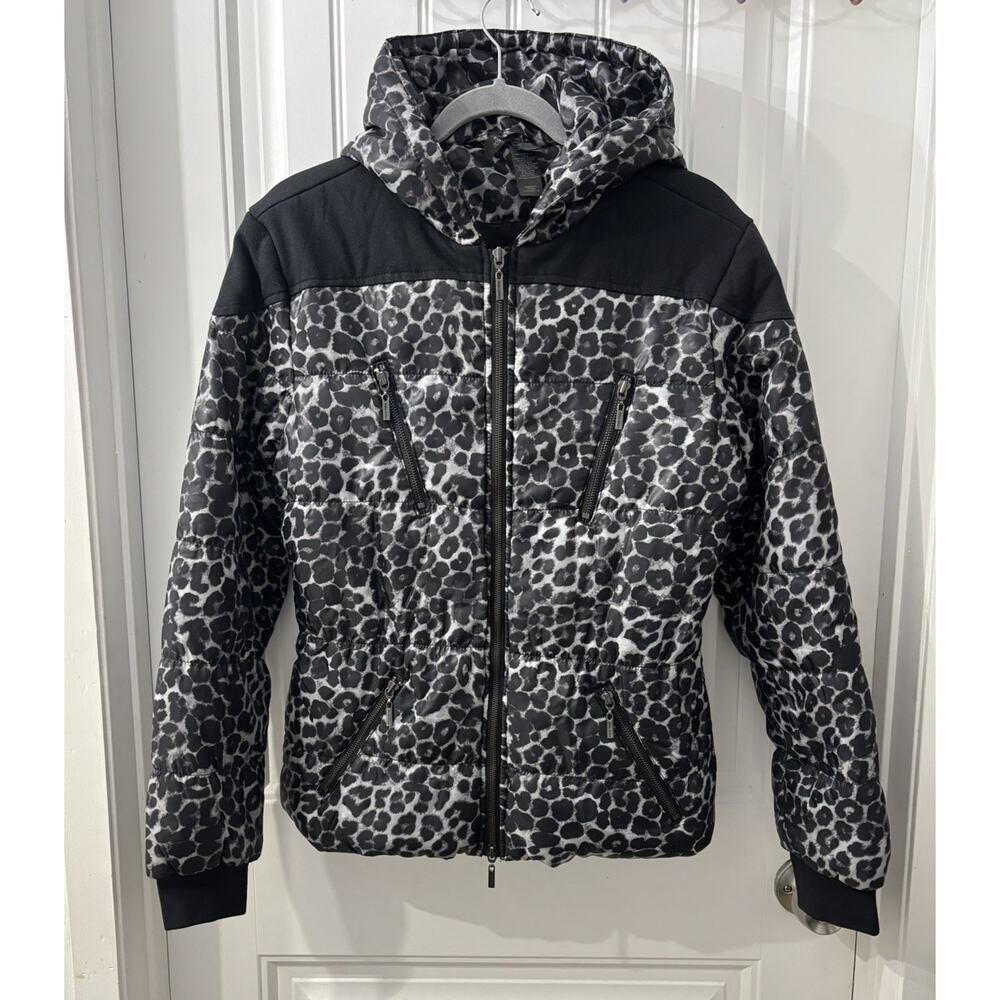 Bisou Bisou Michele Bohbot Leopard Print Puffer Jacket Women Hooded Gray Black M